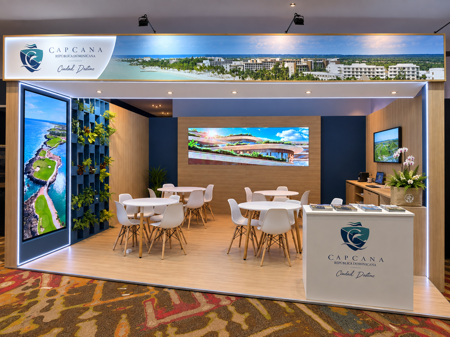 Stand Cap Cana rediseñado por MC Servicios: espacio comercial con ambientación y exhibición de marca