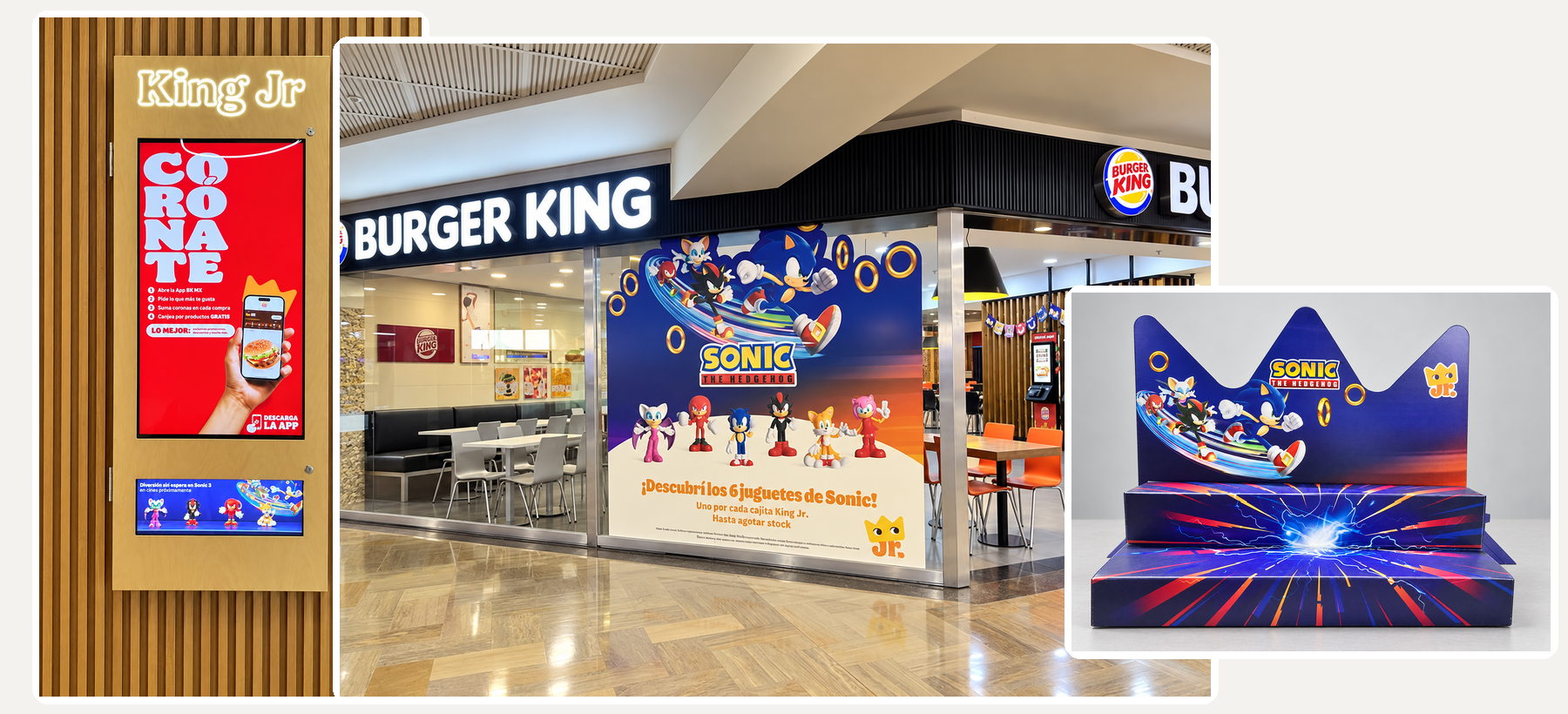 Producción gráfica para Burger King × Sonic: fachada, local y exhibidor producidos por MC Servicios