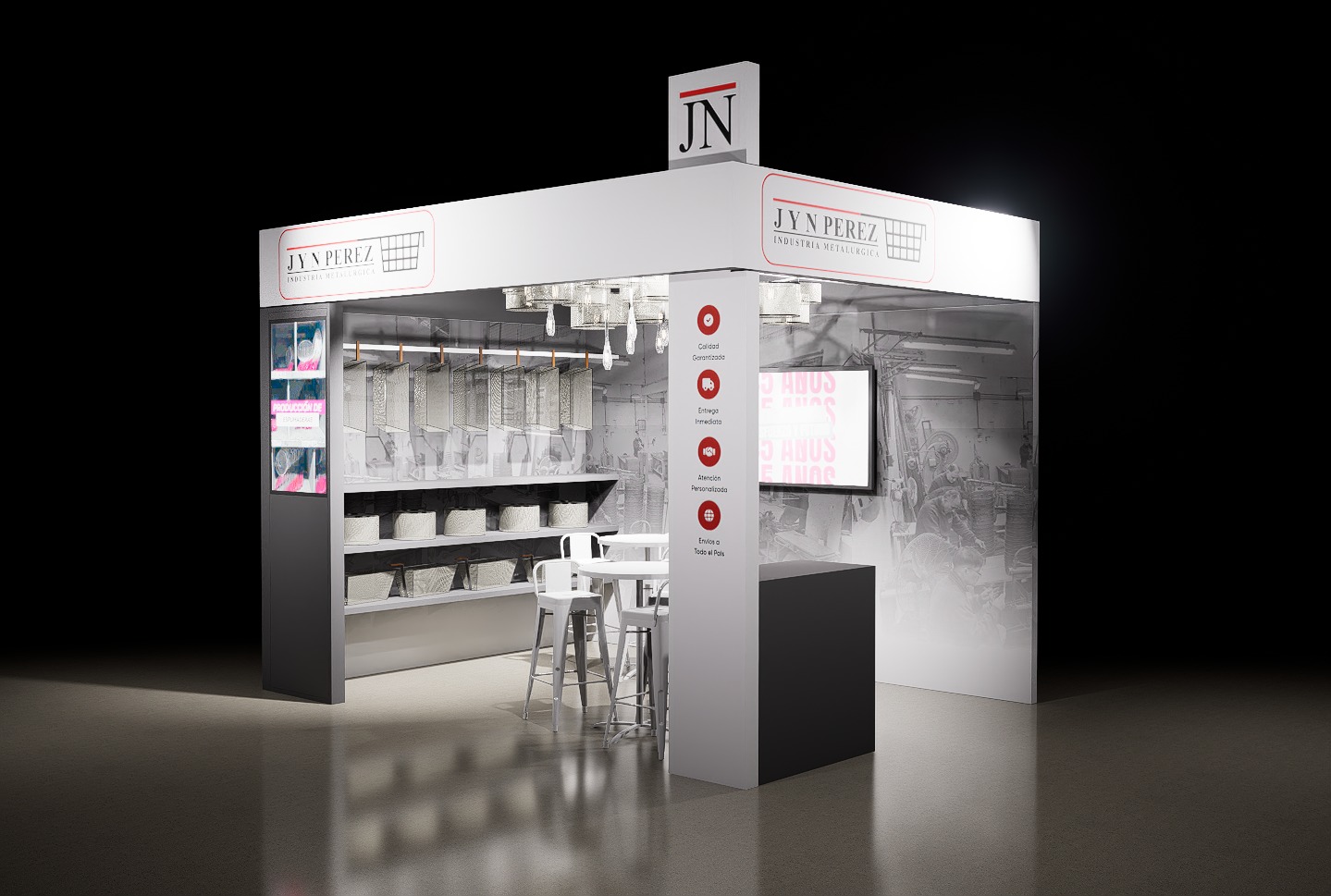 Render 3D del stand en perspectiva