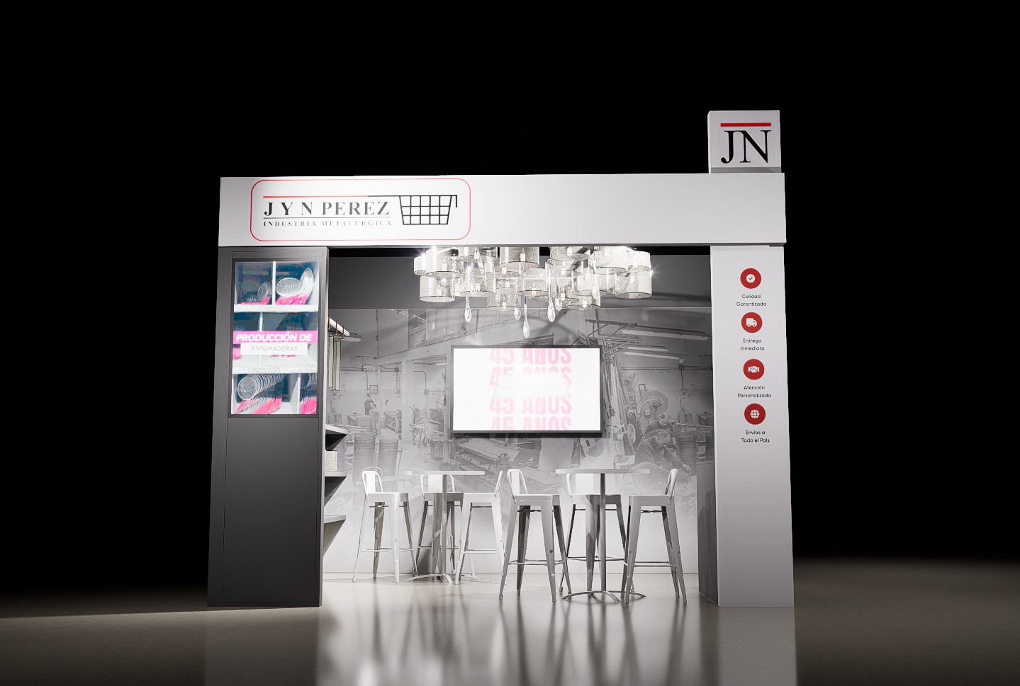 Render 3D frontal del stand